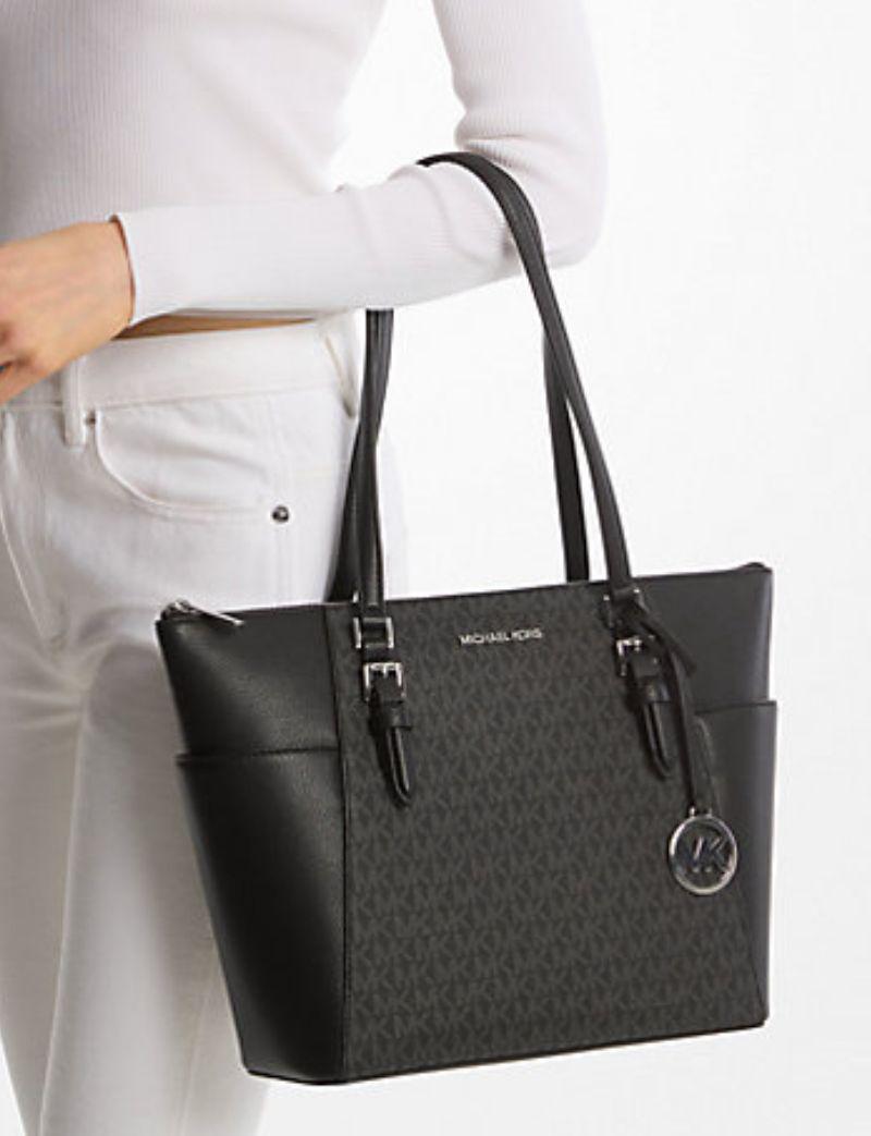 Michael Kors Charlotte Large Logo and Leather Top-Zip Tote Bag