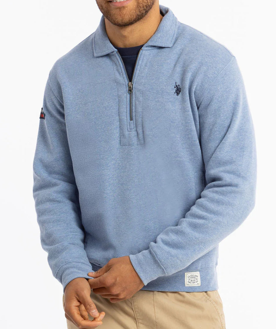 US Polo Fleece Quarter Zip Heather Blue-PO