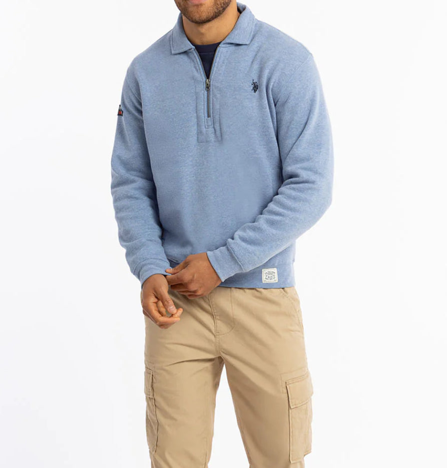 US Polo Fleece Quarter Zip Heather Blue-PO