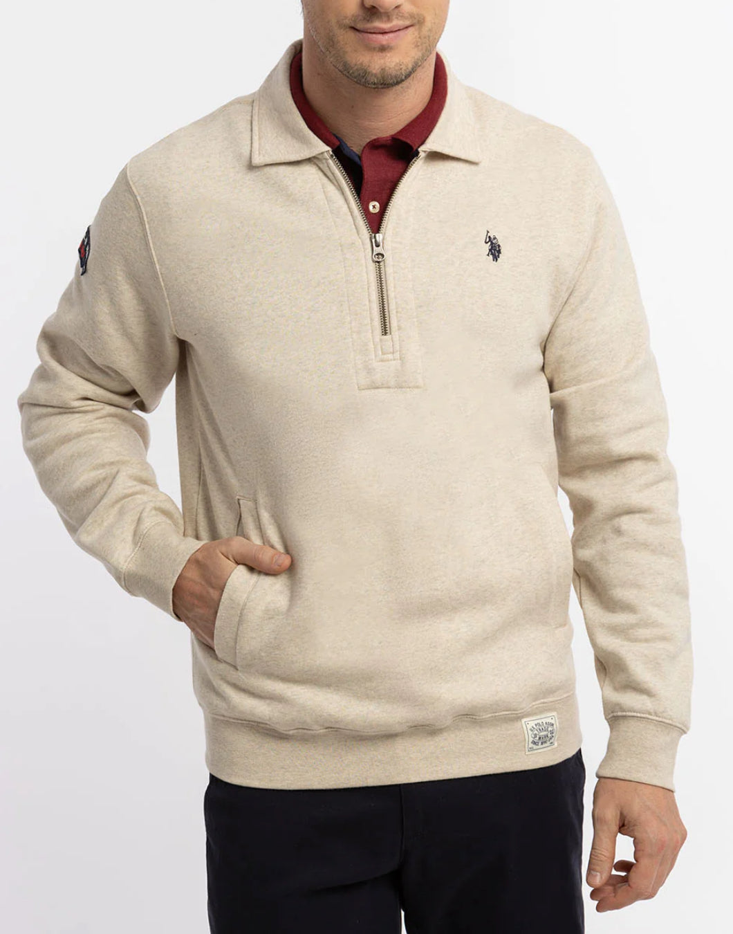 US Polo Fleece Quarter Zip Heather Beige- PO