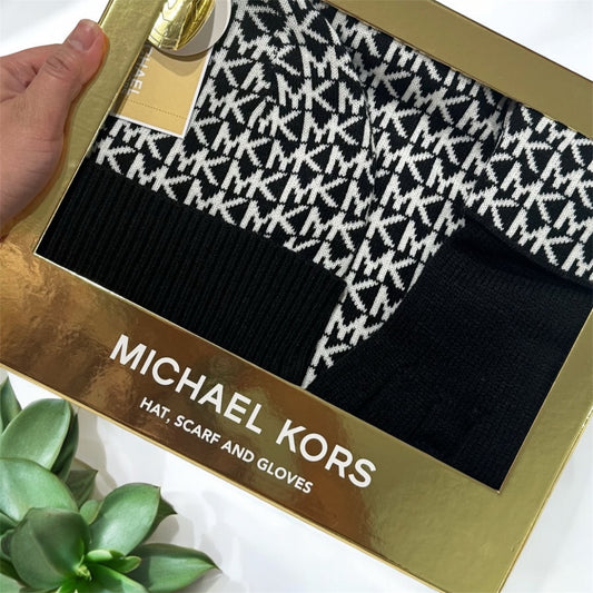 Michael Kors Black Reversible Scarf,Glove & Hat Set-PO