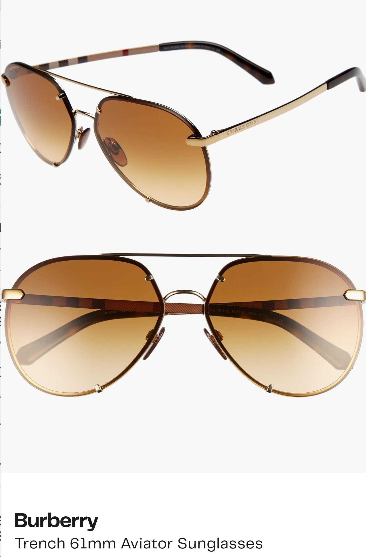 Burberry Trench 61mm Aviator Sunglasses LT Gold- PO