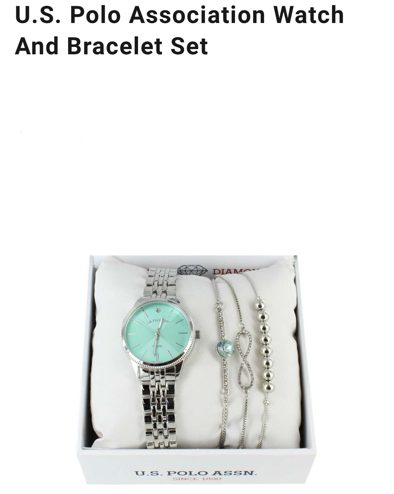 US Polo Watch and Bracelet Set (genuine diamond) Silver/Aqua-PO