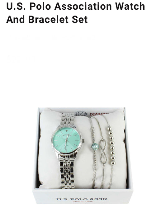 US Polo Watch and Bracelet Set (genuine diamond) Silver/Aqua-PO