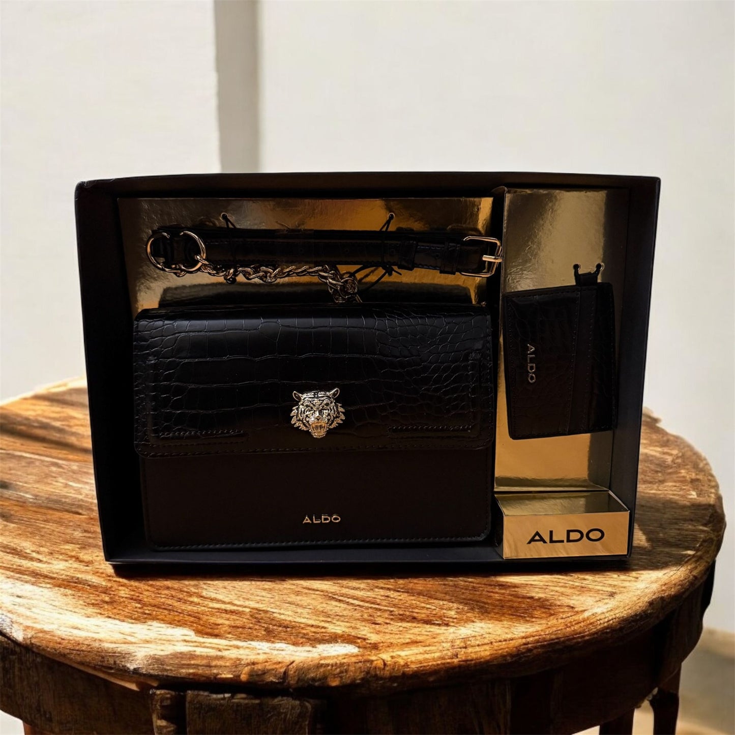 Aldo black croc lion emblem bag with card case - PO