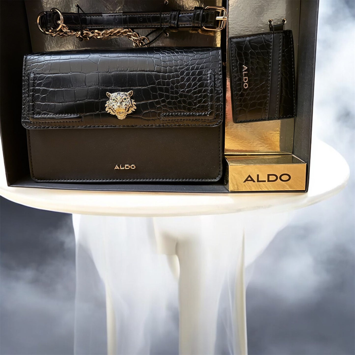 Aldo black croc lion emblem bag with card case - PO